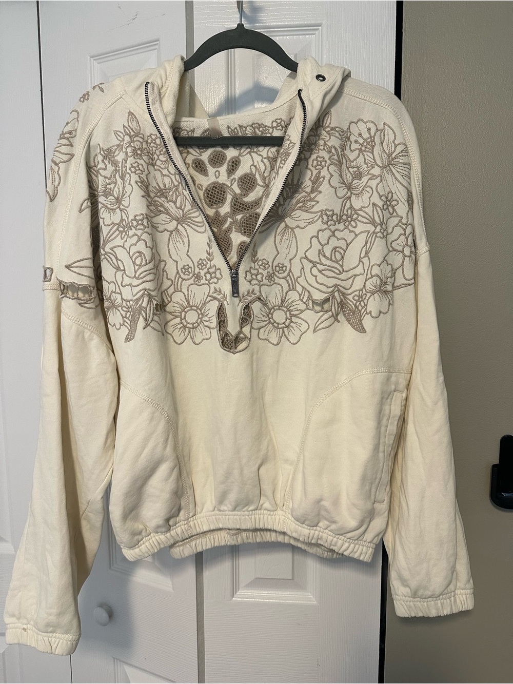 Free People Cream Hooded Sweatshirt with Floral Print/ Lace detail/ Quarter Zip